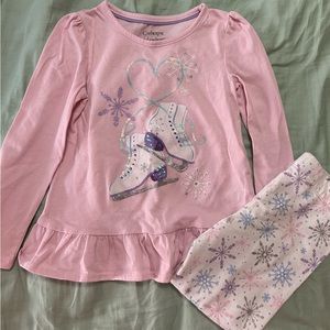 Catherine Malandrino pink long sleeved ice skating shirt with snowflake leggings